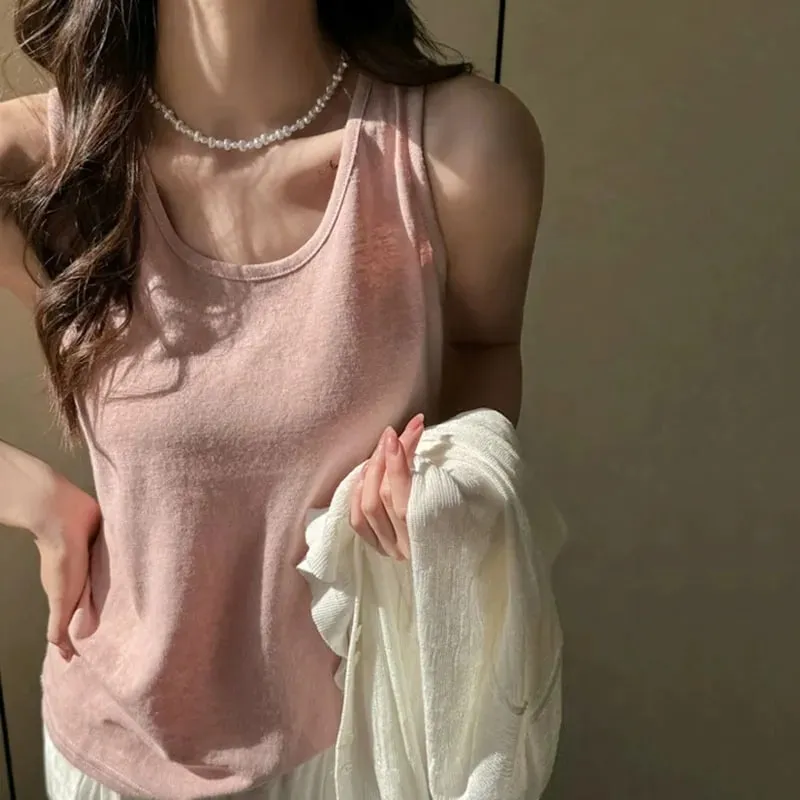 2026 novas mulheres verão casual regata cor sólida all-match básico sem mangas colete feminino coreano simples solto o-pescoço camis topo