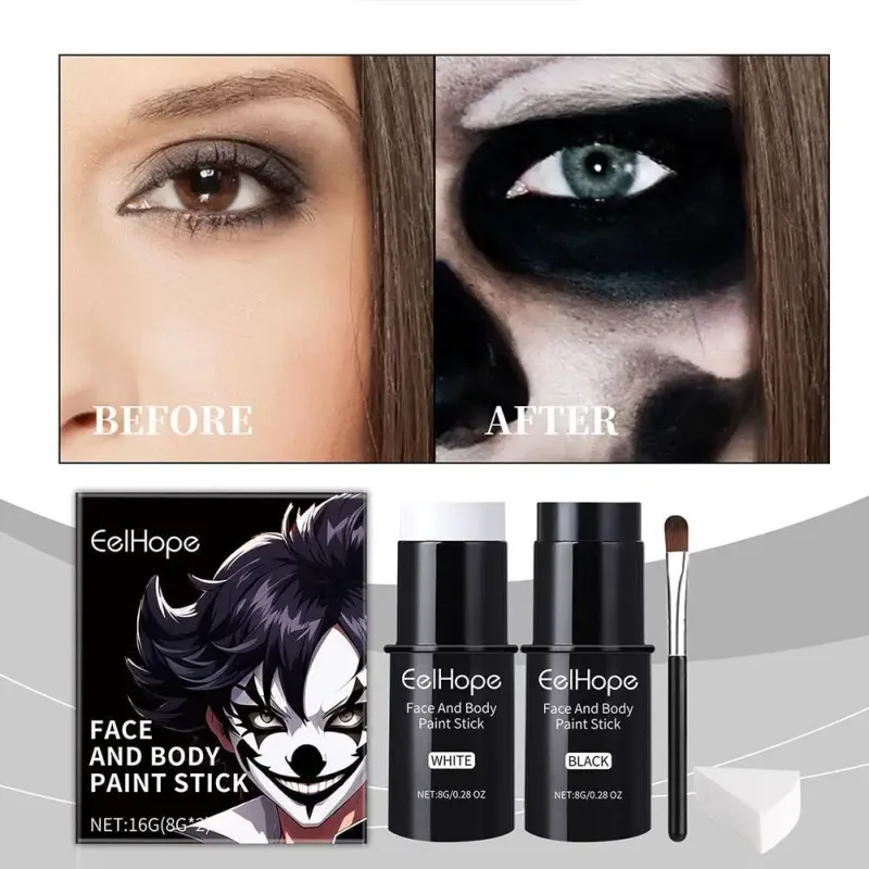 Kit de pintura corporal facial preta e branca, base de longa duração, à prova d'água, esqueleto de halloween, cosplay, ferramenta de maquiagem corporal 2026
