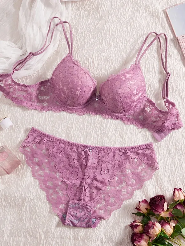 Conjunto de lingerie sexy feminina renda patchwork cor sólida laço strass embelezado push-up alça de ombro dupla sem forro roupa íntima confortável renda semitransparente calcinha respirável