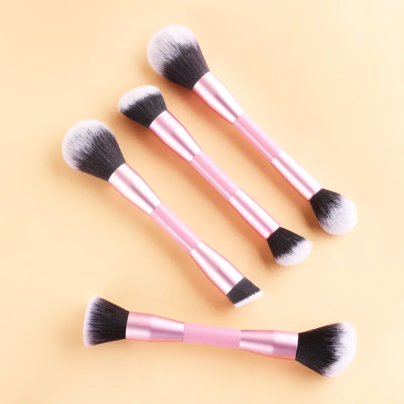 Conjunto de pincéis de maquiagem de ponta dupla rosa, 4 unidades, fácil aderência, cabo de plástico, sombra e pincéis de pó soltos