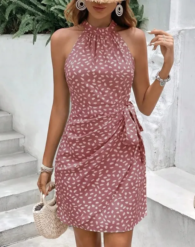 Minivestidos de bolinhas de cor sólida, camisola feminina sem mangas, vestido de renda, férias de verão, vestido de festa, robe