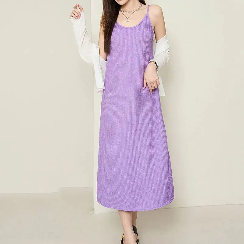 Mulheres vestido de alça espaguete 2026 verão cor sólida solto longo praia vestido de verão lasy elegante sem mangas festa à noite midi vestidos