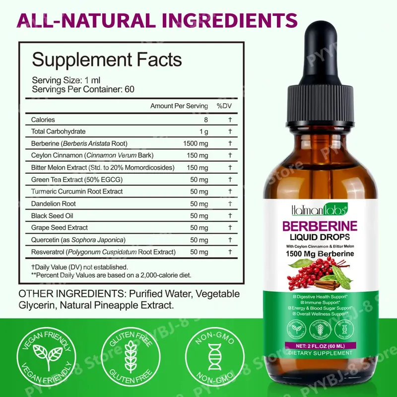 Gotas líquidas de berberina Holmanlabs com canela do Ceilão e melão amargo Suporte à saúde digestiva 1500 mg Vegano não OGM 60 ML