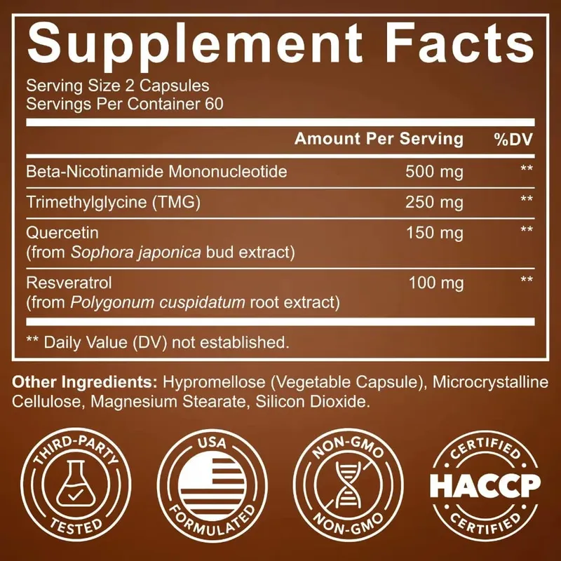 NMN Cápsulas 1000mg Beta Nicotinamida Mononucleotídeo TMG Quercetina Resveratrol NAD+ Metabolismo Função Mitocondrial 120 Contagens