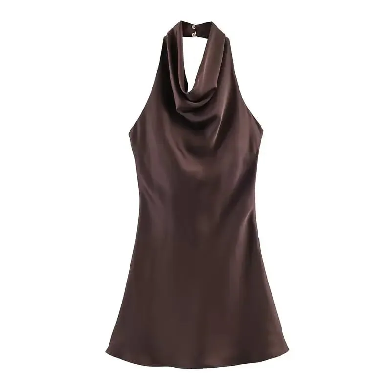 Silk Satin Texture Summer New Arrival Women's Dr Hanging Ne Collar Gown Soft A-Line Skirt High Waist Pure Color
