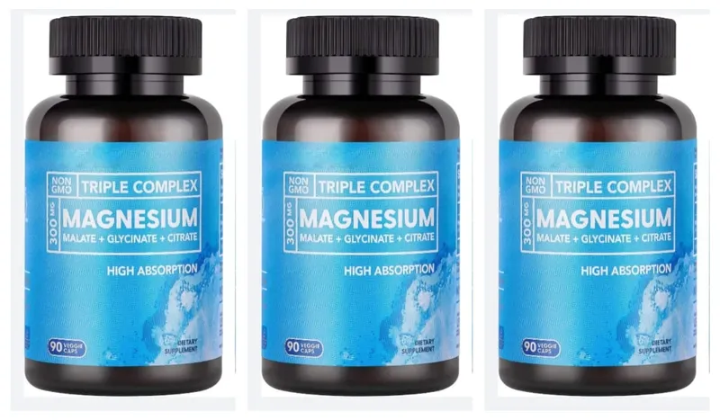 Complexo Triplo de Magnésio 300mg Malato Glicinato Citrato Suplemento Mineral Diário de Alta Absorção Vegano Não OGM 90 Cápsulas Vegetais