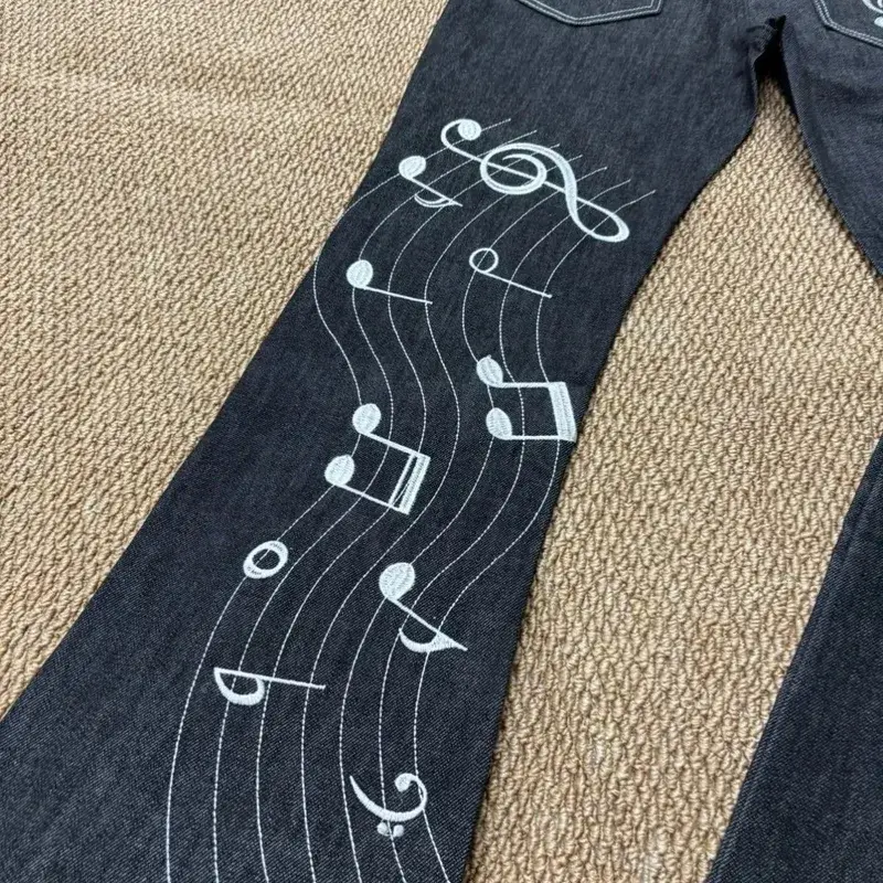 Note 玫瑰刺繡原色牛仔褲男女通用 1021M 版小喇叭高街穿直筒牛仔褲疊穿長褲男