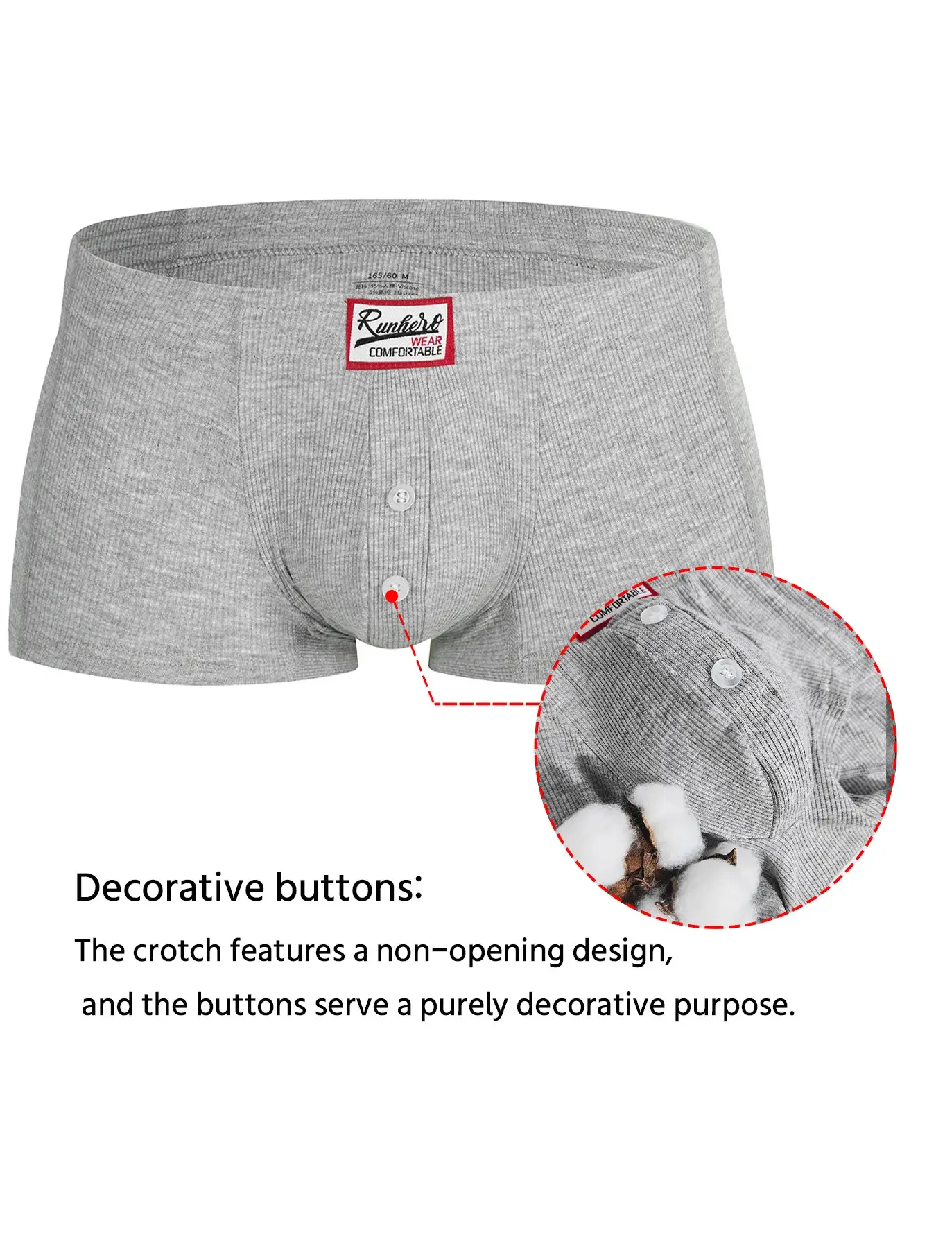 Men's Flat Underwear, Made of Synthetic Viscose, High Elasticity, Raised, Button Decoration, Comfortable Slim Fit Solid Color