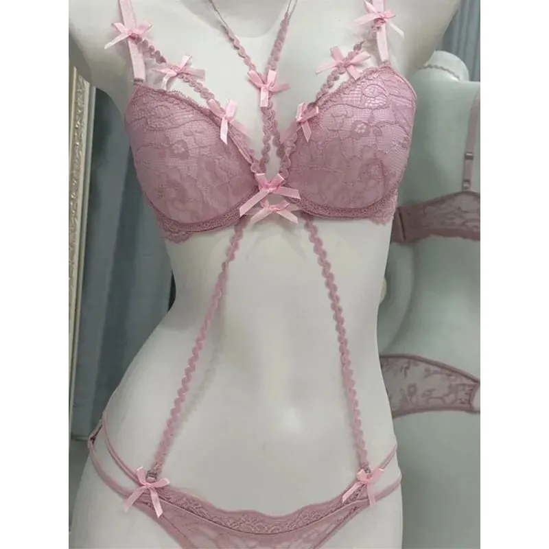 Aesthetic Layered Lace Bra Set - Hollow Out Halter Top with Bow Inner Red Lace Up Bra Two Piece Matching Lingerie for Women AB