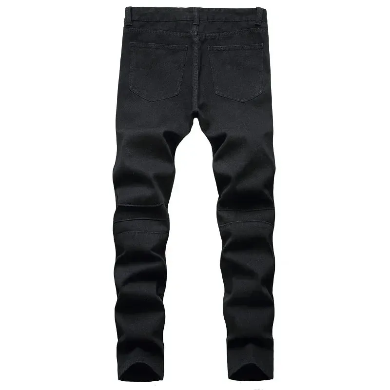 New Men's Slim Jeans White Motorcycle Trendy Casual Patchwork Denim Trousers Fashion Tight Folding Male Pants (without Belt)