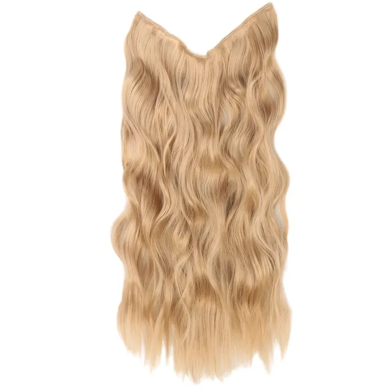 Black Halo Hair Extensions with Invisible Wire Adjustable Size 22inch Long Synthetic Wavy Curly Hairpieces for Women No Clip