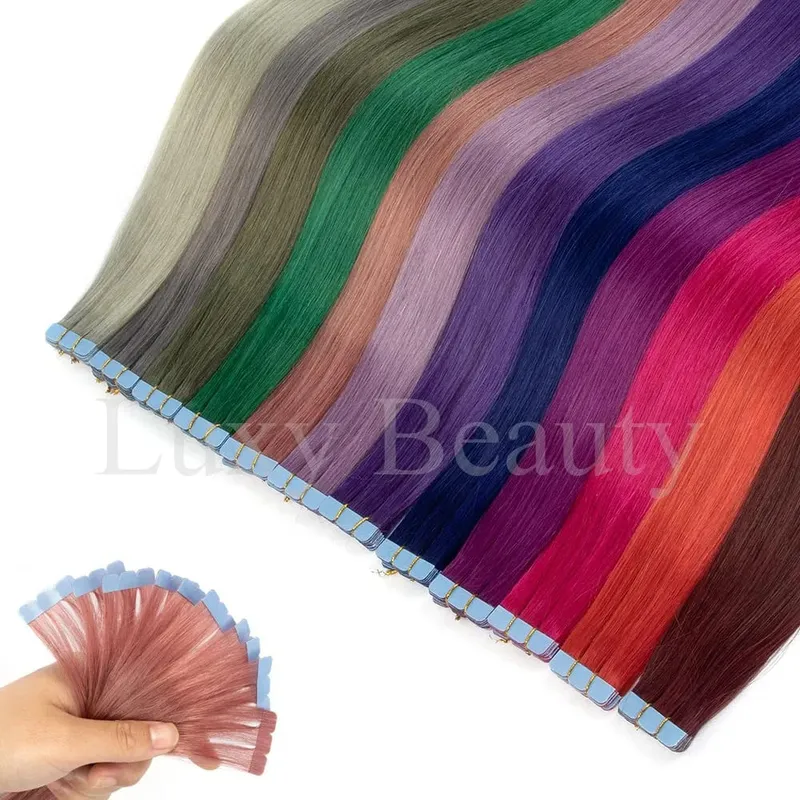 Colored Pink Mini Tape in Human Hair Extensions Invisible Seamless Tape in Hair 10pcs Pink Red Green Purple Blue Mini Tape Hair