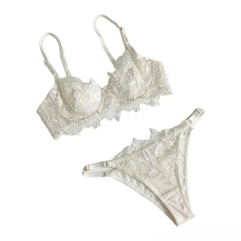 Padded Bra Set Small Bust | Lace Embroidered & Mesh Underwear Set with Soft Underwire Comfortable Demi Cup Sexy Tushy Panty PP