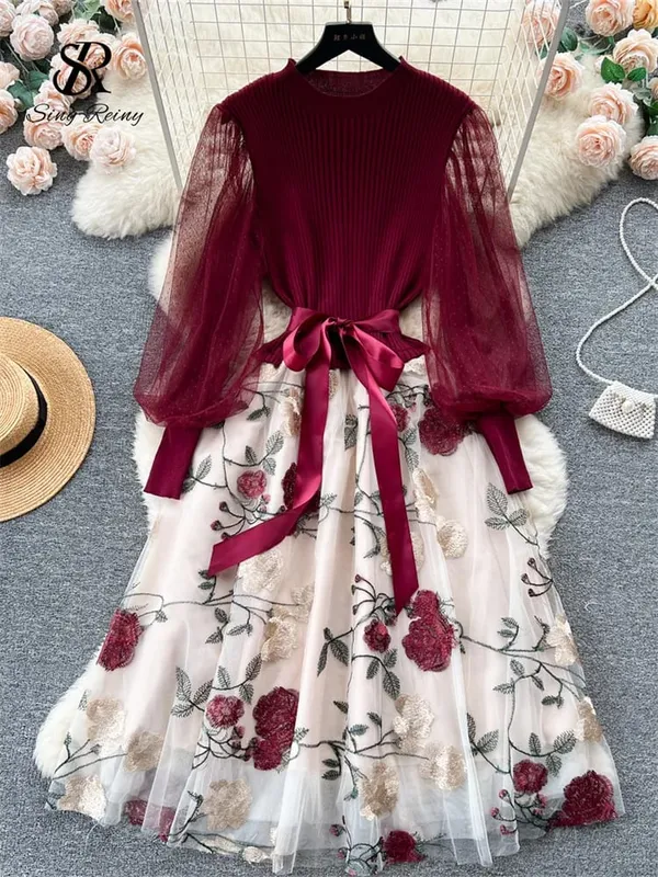 Sênior malha retalhos vestido longo lanterna mangas arco malha bordado floral feminino outono frança elegante vestido de festa
