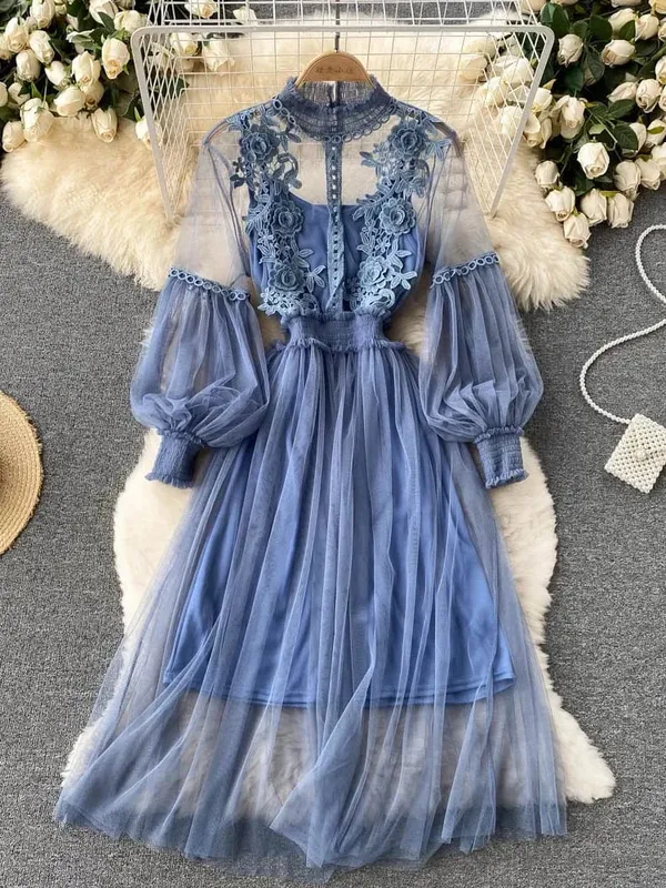 Senhoras vestido tridimensional flor gancho malha temperamento gola lanterna manga cintura alta magro vestidos femininos