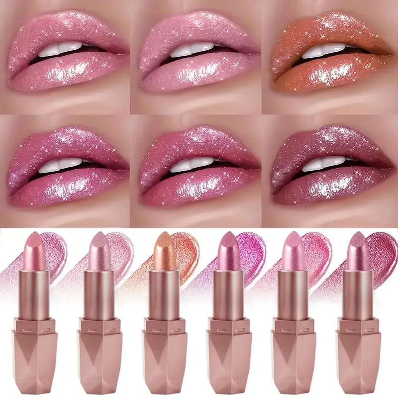 Batom com glitter diamante de longa duração, hidratante à prova d'água, altamente pigmentado, brilho metálico perolado, antiaderente