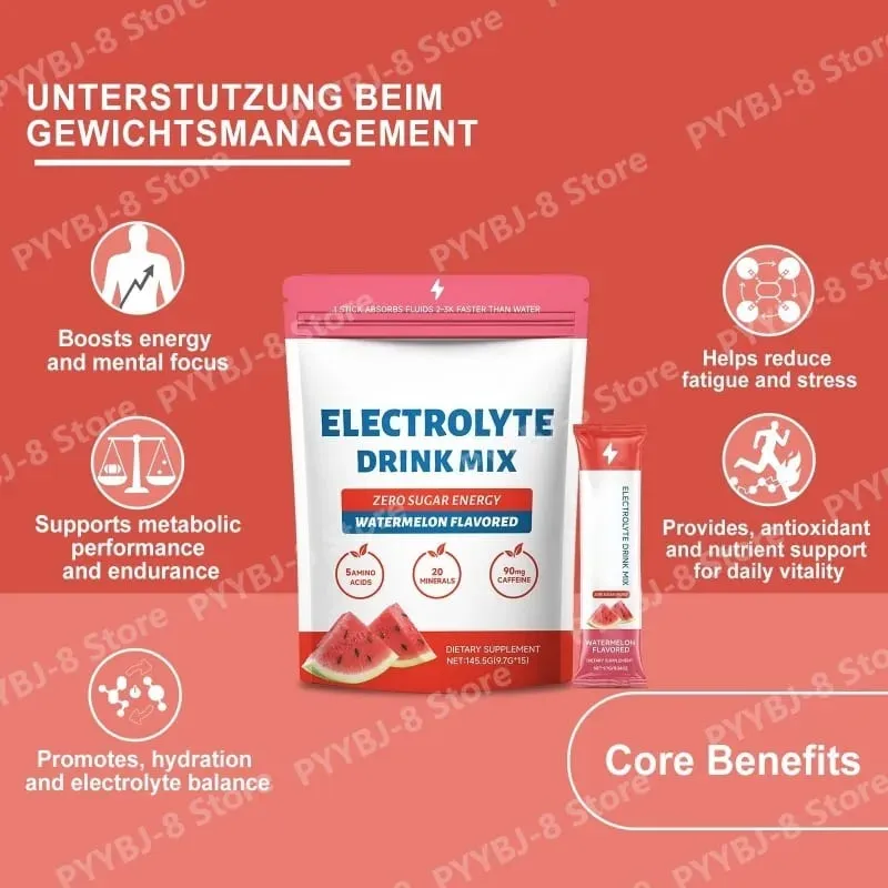 Pó eletrolítico de melancia com zero açúcar e 90mg de cafeína, aminoácidos, minerais, vitaminas, fornece reposição de energia, 15 bastões