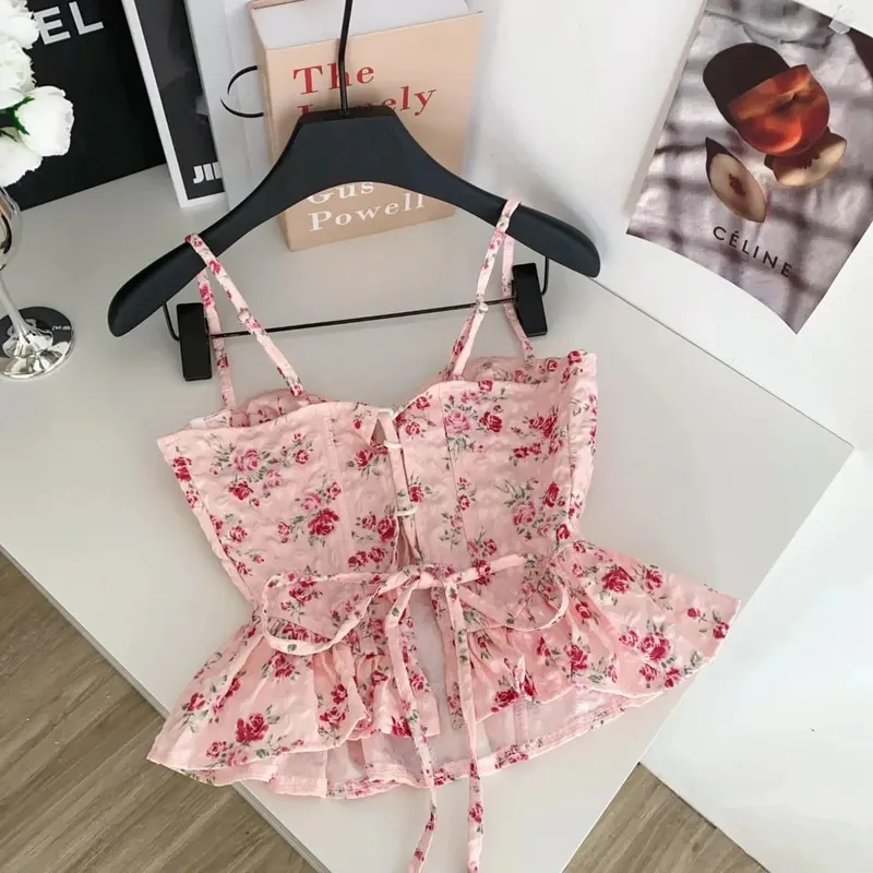 Sexy tenký korzet s volánkovým potiskem Elegantní tílko korejské Camis Základní móda Letní Dámské Oblečení Bez ramen