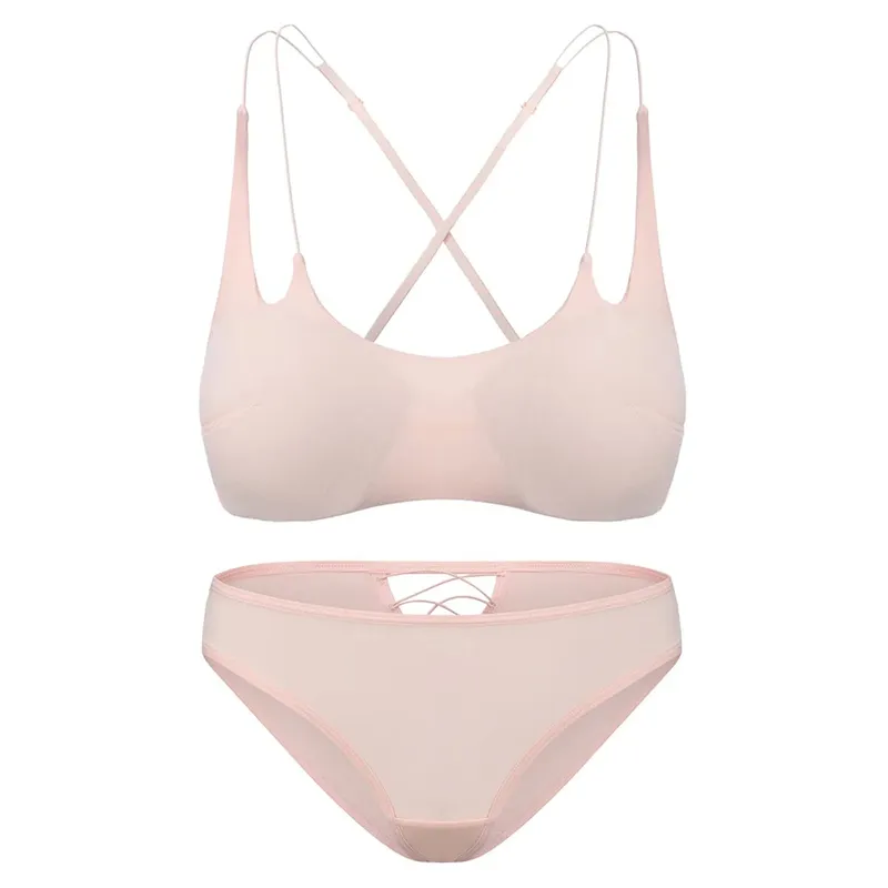 Fio suave livre de inserção fina sutiã calcinha lingerie conjunto cinta espaguete cruz sem costas feminino bela roupa interior três maneiras usar