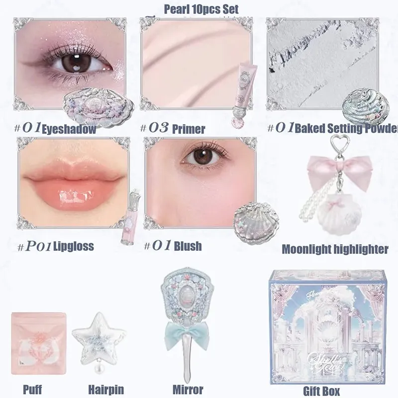 Conjunto completo de maquiagem flor sabe, conjunto completo de cosméticos com conchas de pérola, brilho labial, blush para bochecha, iluminador, caixa de presente, kit de maquiagem