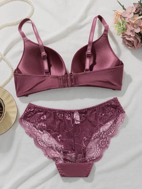 Conjunto de sutiã de renda de cor sólida feminino sem fio sem arame push up sutiã e calcinha 2 peças conjunto diário lingerie confortável