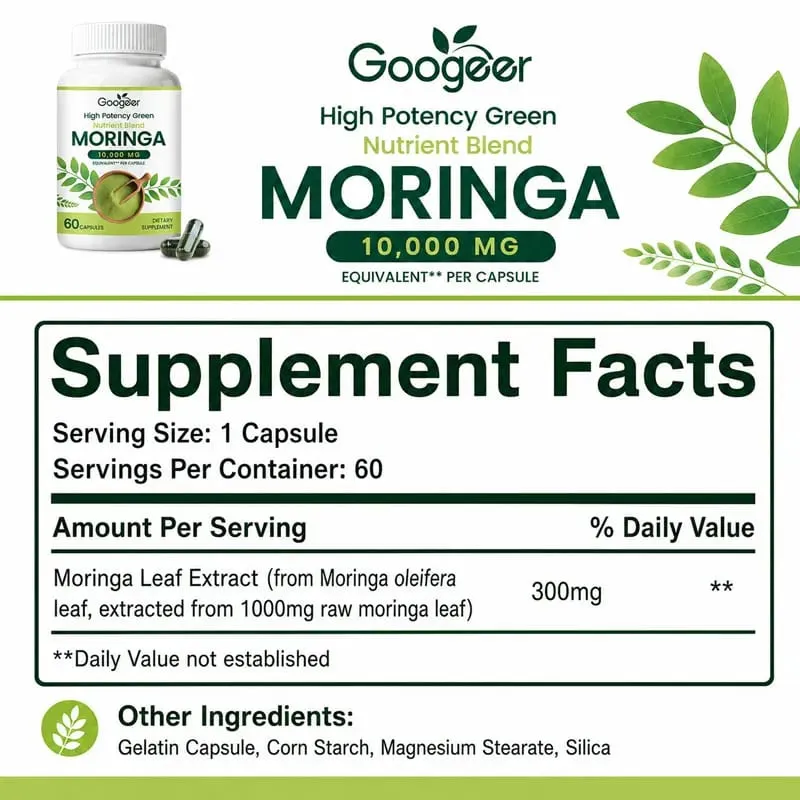Suplemento de Moringa Premium com Extrato de Folha Natural Fórmula de Nutrição Herbal para Suporte Diário ao Bem-Estar 60 Cápsulas