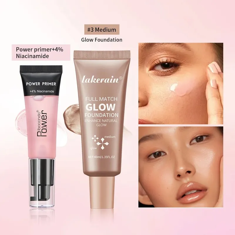Pó aperto primer gel & brilho fundação kit de maquiagem hidratante suavização da pele leve iluminar brilhante fase cosméticos combinação