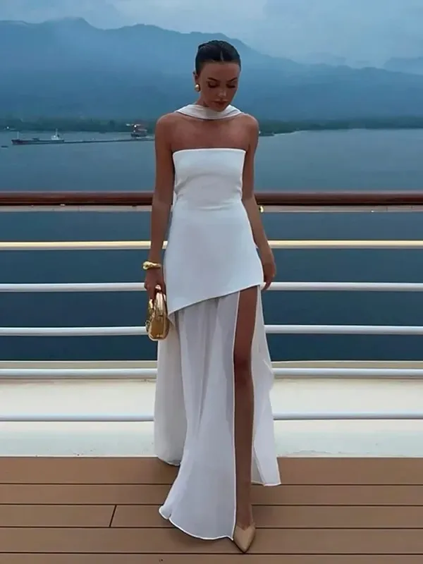 Vestido longo com emenda de malha amarela manteiga, elegante, sem alças, divisão, costas nuas, plissado, para mulheres, 2026, vestidos de festa à noite