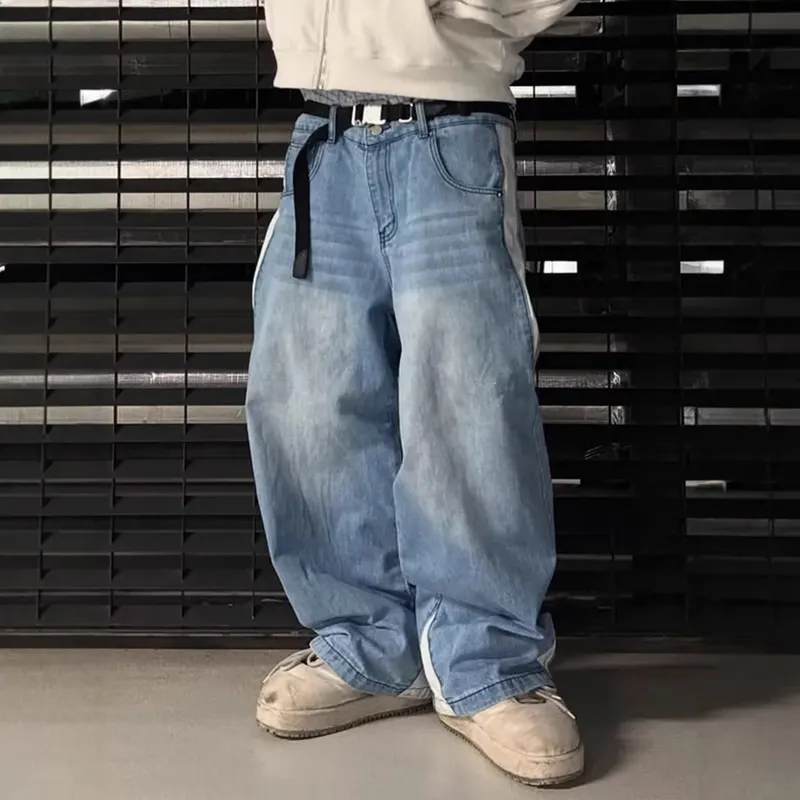 Wijde pijpen jeans heren rechte broek Vintage patchwork gewassen noodlijdende midden taille zakken 2025 streetwear denims losse broek