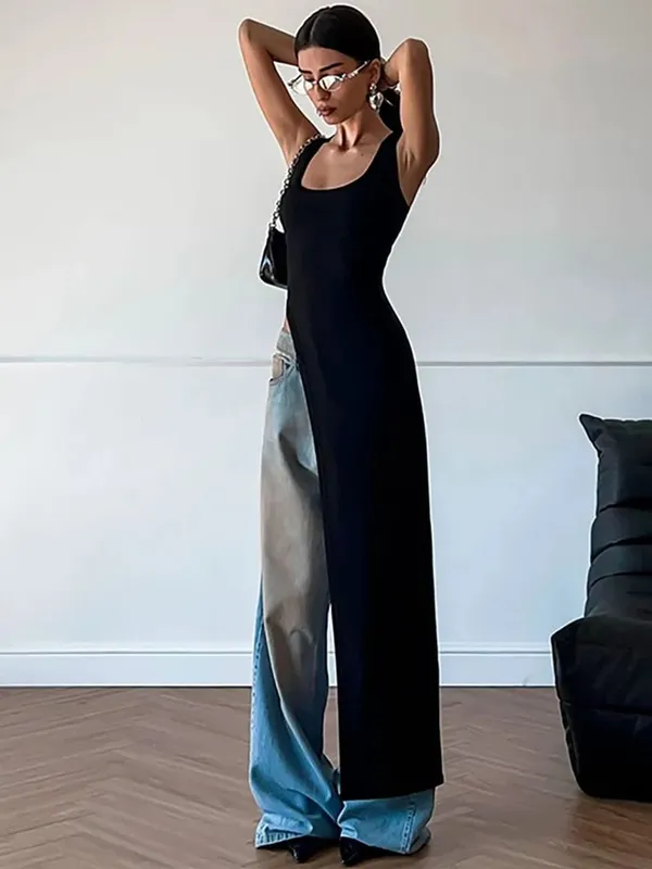 Verão personalidade tendência magro ajuste cor sólida rua nicho irregular assimétrico bainha sem mangas vestido colete