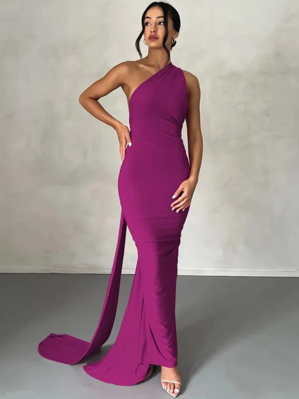 Hugcitar um ombro sem costas ajustável cachecol laço ruched sexy maxi vestido 2025 feminino elegante y2k streetwear festival outfit