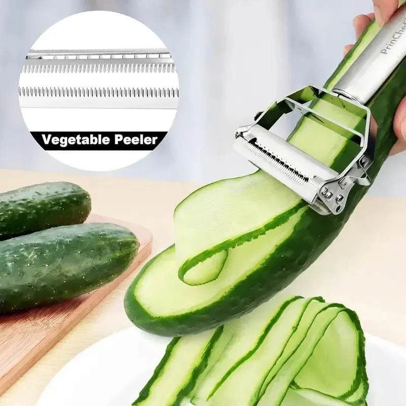 Descascador de vegetais em aço inoxidável 4 em 1, ferramenta multifuncional de cozinha com alça ergonômica antiderrapante para batata, cenoura, pepino