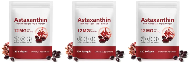 Suplemento de astaxantina 12 mg cápsulas de microalgas com suporte antioxidante para a saúde da pele e envelhecimento saudável 120 contagens