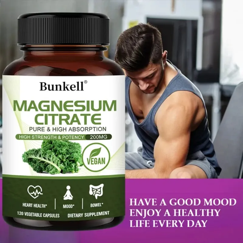 Cápsulas de citrato de magnésio 200 mg - Absorção máxima para saúde muscular, nervosa, óssea e cardíaca, sem glúten, não OGM