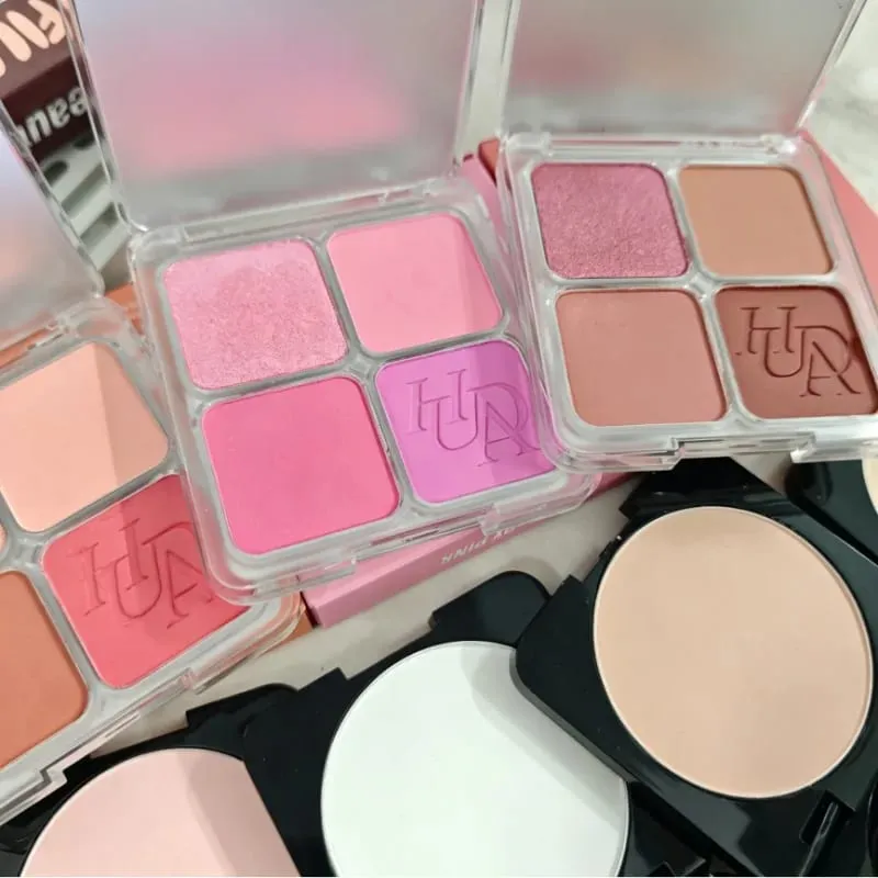 Blush em pó de 4 cores, ajuste fino, leve, natural, brilhante, durável, à prova d'água, resistente ao suor, blush, brilho labial, maquiagem