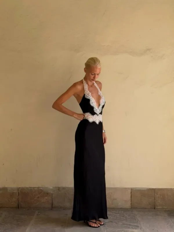 Preto renda retalhos halter pescoço maxi vestidos com decote em v sem mangas sem costas cintura alta vestido longo 2026 elegante festa clube outfits
