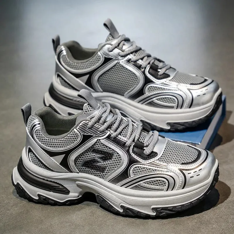 2025 novos tênis masculinos de sola grossa de altura crescente estilo retro malha respirável versátil sapatos casuais