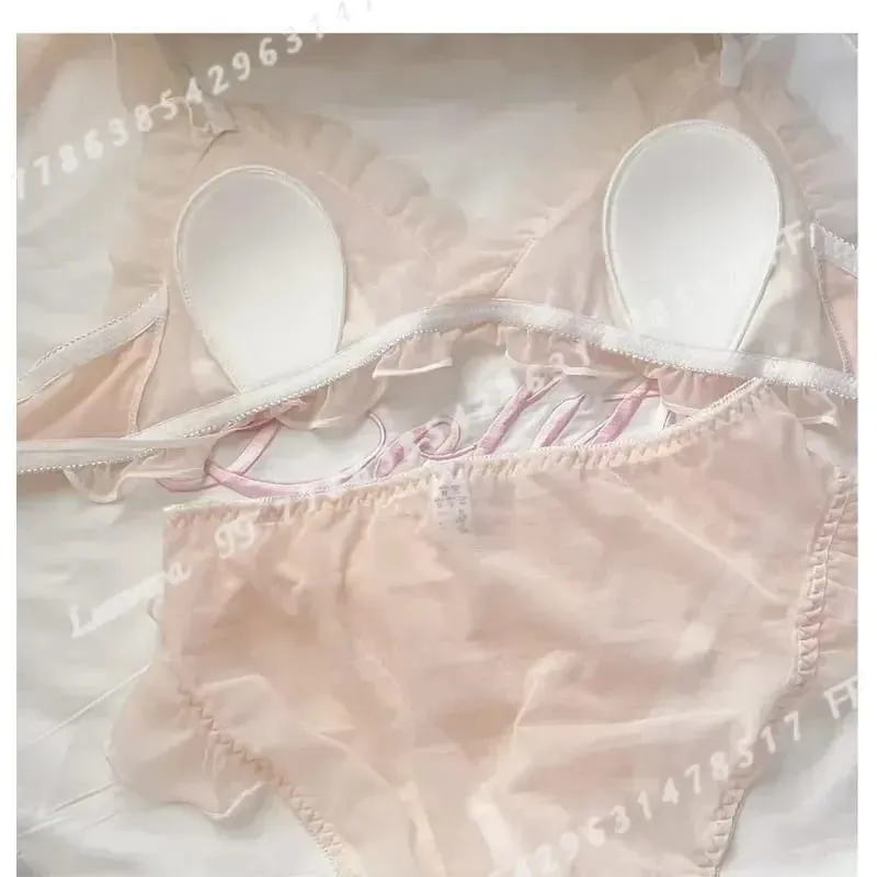 Lolita estilo fino renda triângulo copo conjunto de sutiã para mulher bonito pequeno busto lingerie sexy roupa interior