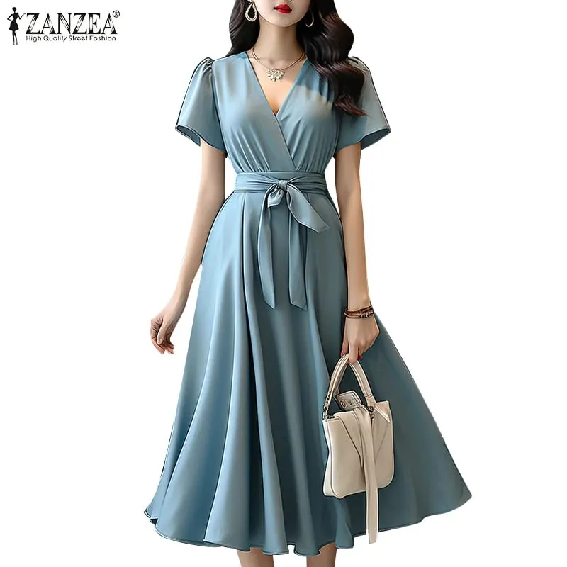 2024 Elegant Short Sleeve A-line Dresses Women Fashion Solid Color Holiday Belted Vestidos Casual V Neck Midi Sundress