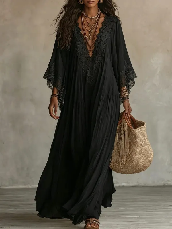 Summer Elegant Solid Dresses Womens Casual Lace Trim V Neck Flowy Maxi Dress Beach Holiday Party Maxi Dresses Robe Vestidos