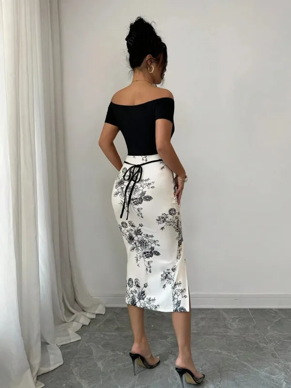 Senhoras primavera verão ombro descoberto preto topo emendado marca de água impressão split sexy elegante vestido corpo-con silhueta