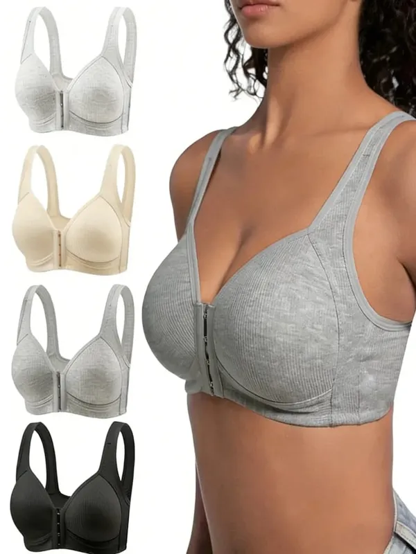 Sutiã feminino sem fio, fechamento frontal, cor sólida, cobertura completa, copos fixos, sem costura, tamanho grande, roupa íntima confortável — image 2