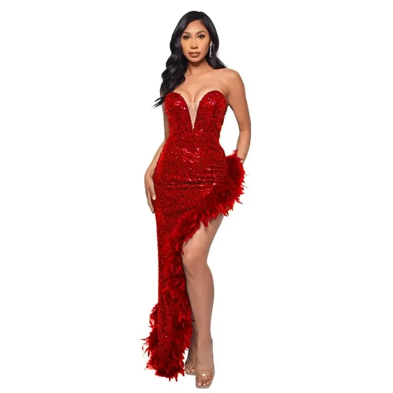 yaya feminino lantejoulas sem alças pena alta lateral divisão sem alças bodycon midi maxi vestido sexy clube até vestidos de festa