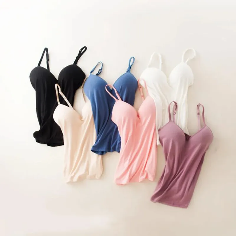 Novo sutiã acolchoado ajustável regata feminina modal espaguete sólido cami top colete feminino camisola com sutiã embutido roupas de fitness