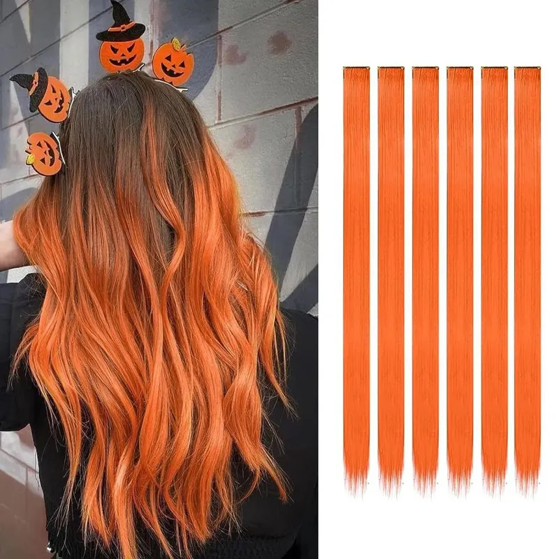 6 unidades/pacote colorido festa destaques clipe em extensões de cabelo 22 polegadas multi-cores cabelo liso sintético postiços — image 11