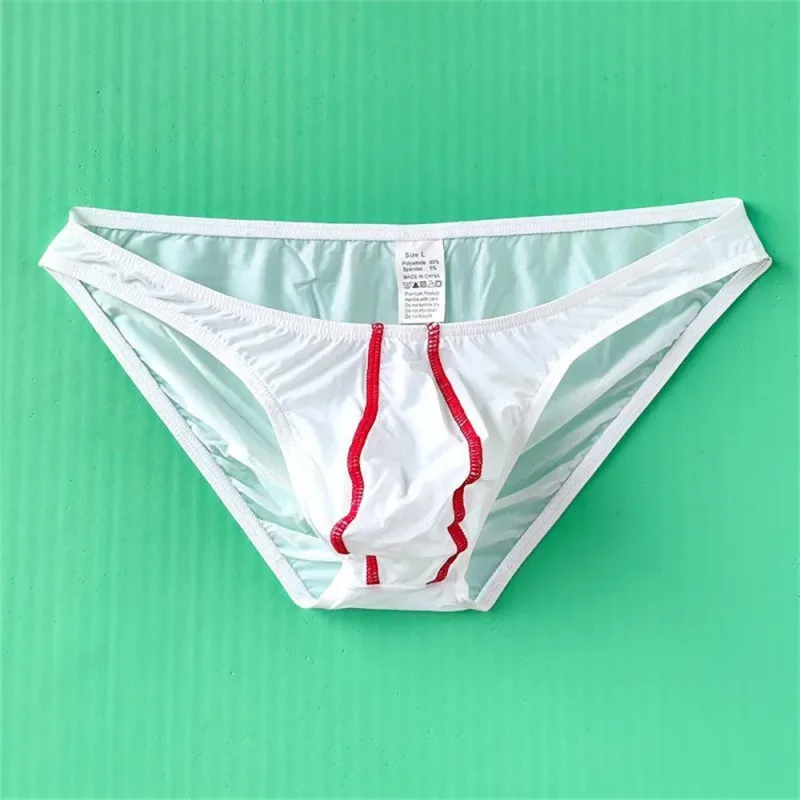 Two Line Stripe Ice Silk Briefs for Men Plus Size Underwear Sexy U Convex Lingerie Low Waist Bugle Pouch Male Panties