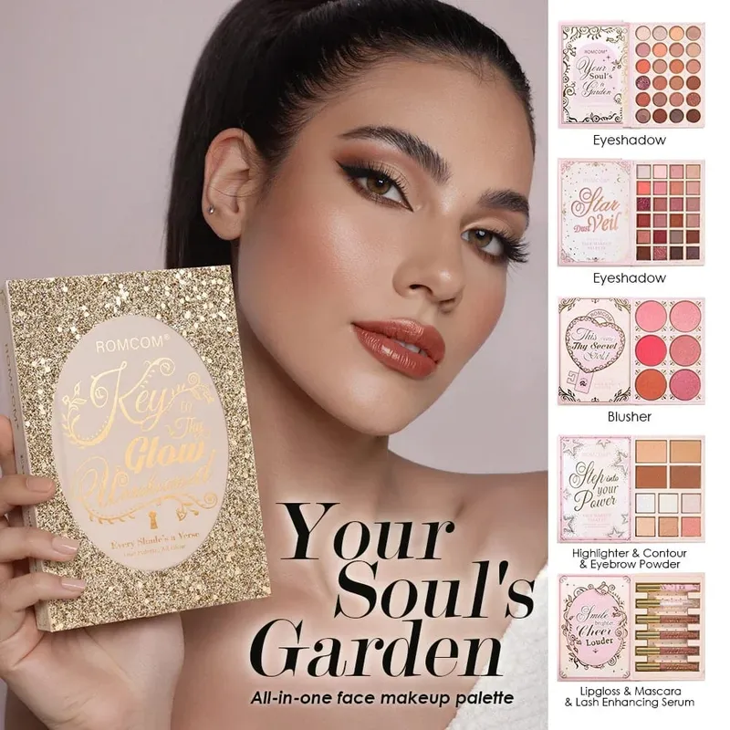 Kit de maquiagem para rosto inteiro com 5 páginas, sombra fosca e brilhante, blush, contorno, brilho labial, rímel para looks de maquiagem versáteis