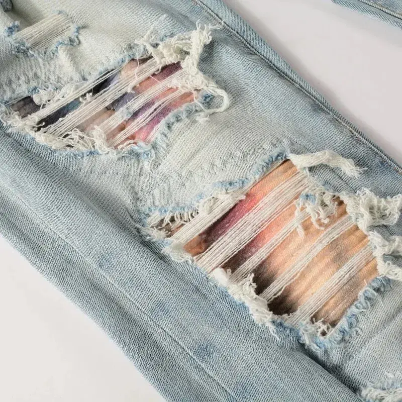Homens rachados remendo estiramento jeans buracos rasgados retalhos calças streetwear azul claro magro calças cônicas