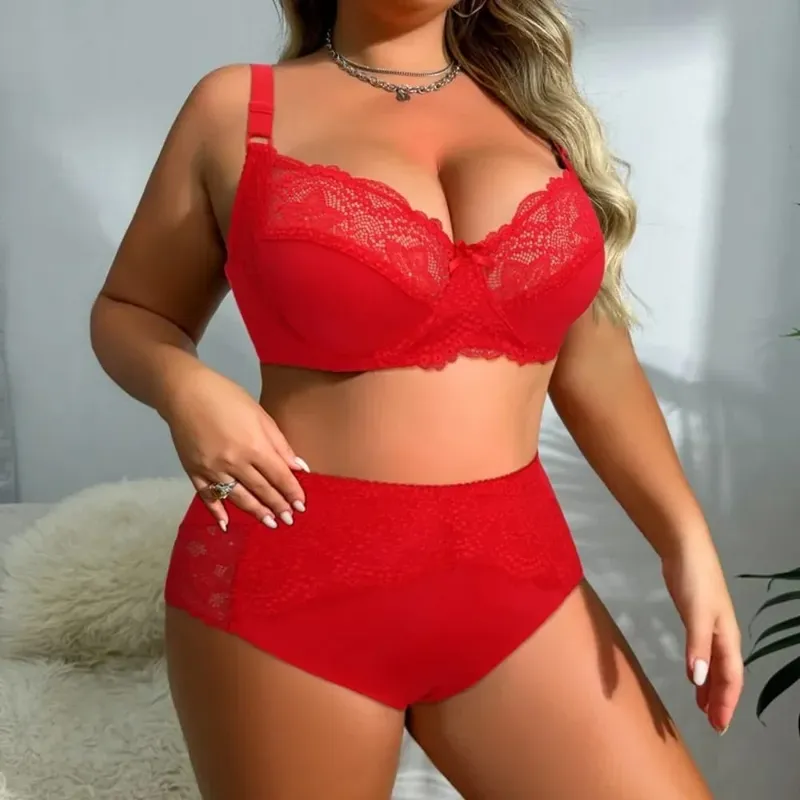 Conjunto de sutiã de renda leve com armação para mulheres plus size, lingerie de copo fino com calcinha, elevador confortável, uso diário