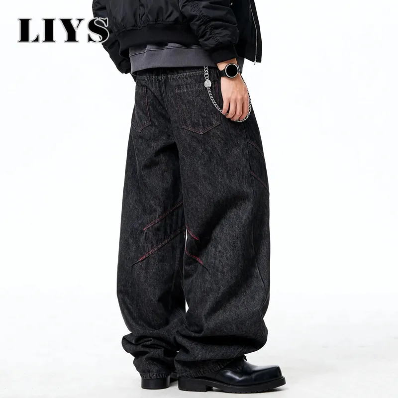 Quatro estações americano retro masculino preto baggy perna larga jeans básico negócios casual solto calças jeans unissex rua jeans